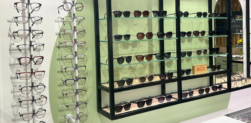 An eyewear display showing glasses and sunglasses at Harrold Opticians