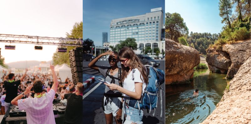 A collage of pictures of a DJ playing at a music festival, 2 women with backpacks on holiday and a man swimming in open water