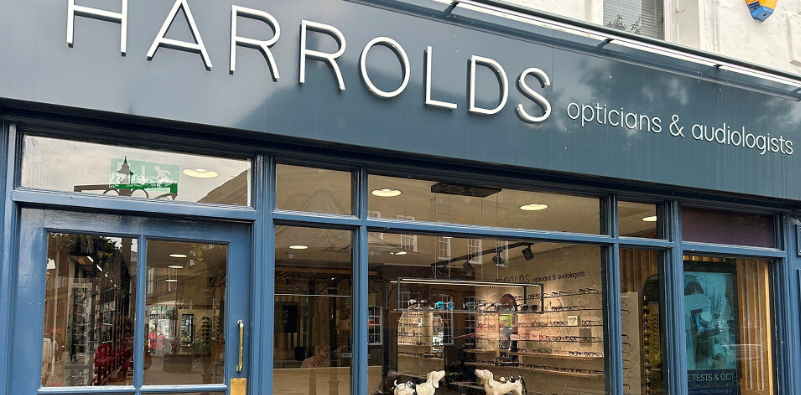 The exterior of a Harrold Opticians practice.